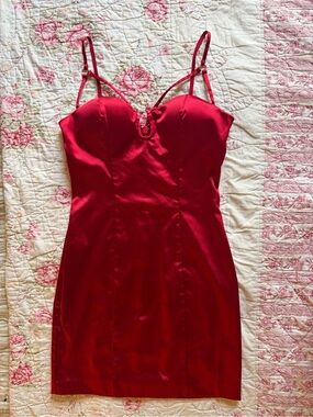 bebe Red Satin Bodycon Slip Dress with Adjustable Straps